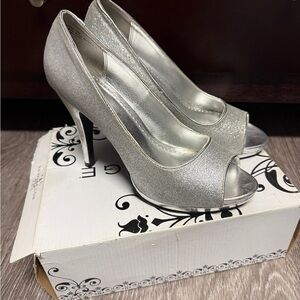 Rampage Glittering Silver Peep-Toe Heels